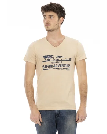 Tricou cu decolteu in V si imprimeu, Bej inchis