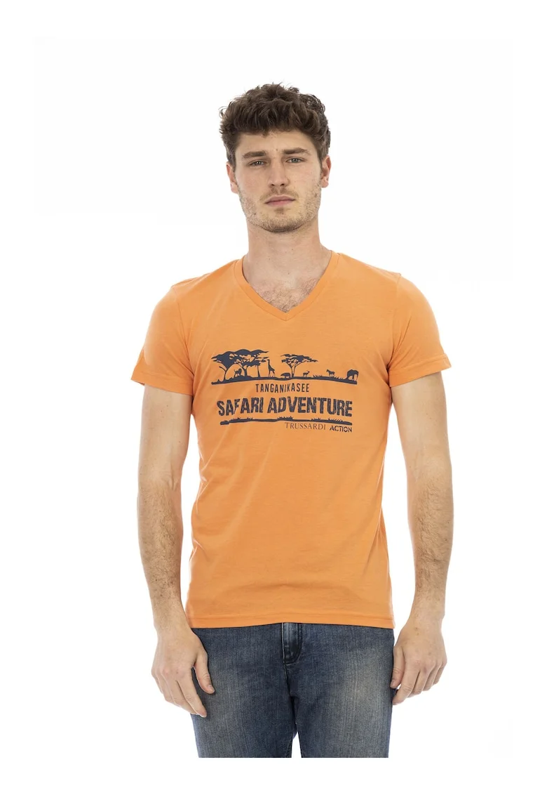 Tricou cu decolteu in V si imprimeu, Portocaliu