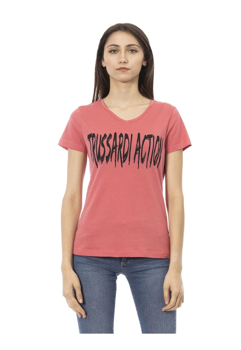 Tricou cu decolteu in V si logo, Rosu deschis