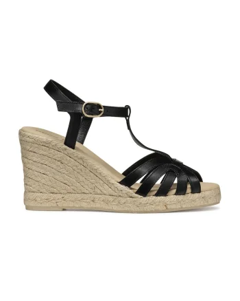Sandale din piele cu talpa wedge si catarama, Negru