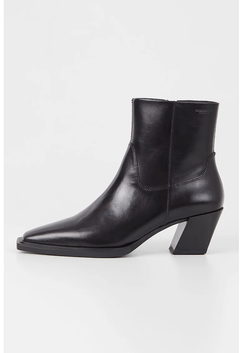 Botine de piele cu varf patrat, Negru