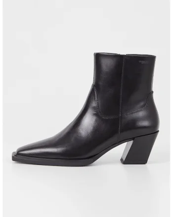 Botine de piele cu varf patrat, Negru