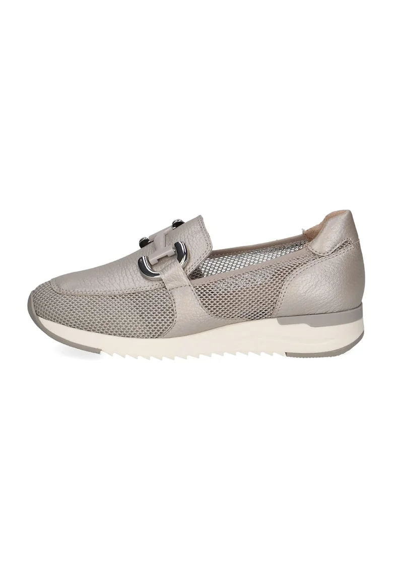 Pantofi loafer de piele si piele ecologica cu detalii perforate, Grej