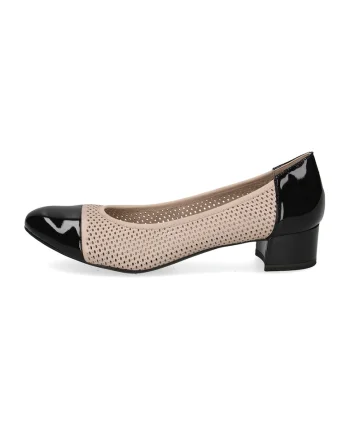 Pantofi din piele si piele ecologica cu toc masiv si design perforat, Negru/Bej