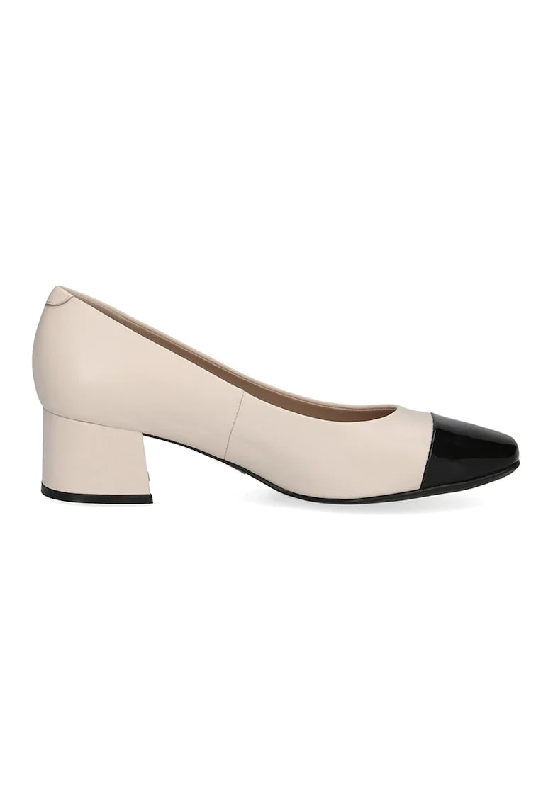 Pantofi de piele si piele ecologica cu toc masiv, Negru/Bej deschis