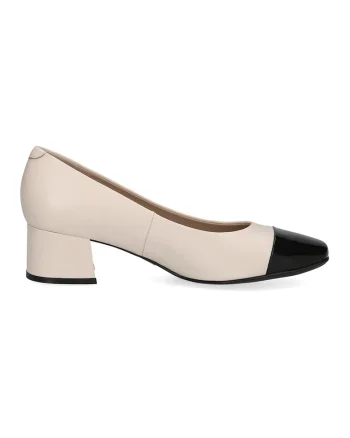 Pantofi de piele si piele ecologica cu toc masiv, Negru/Bej deschis