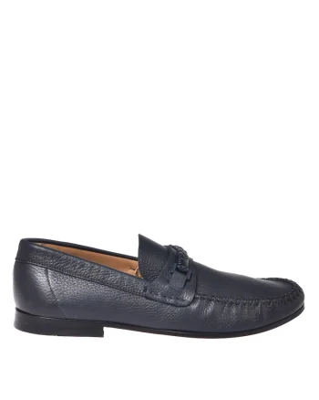 Pantofi loafer din piele cu varf rotund si model uni, Albastru inchis