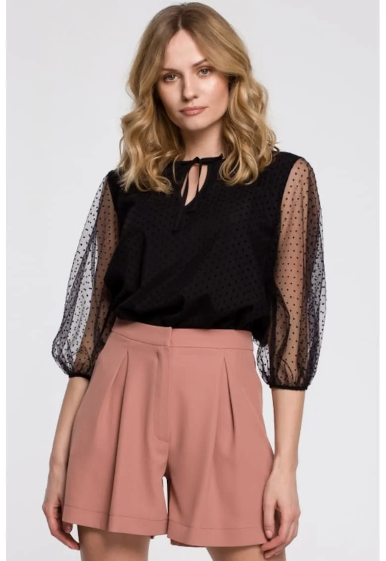 Bluza cu maneci bufante si legatura la gat,  Negru
