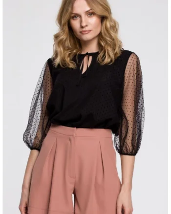 Bluza cu maneci bufante si legatura la gat,  Negru