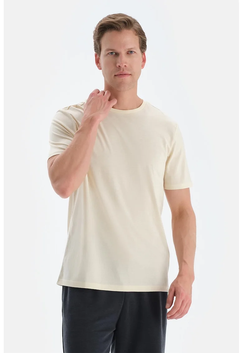 Tricou de bumbac cu decolteu la baza gatului, Crem