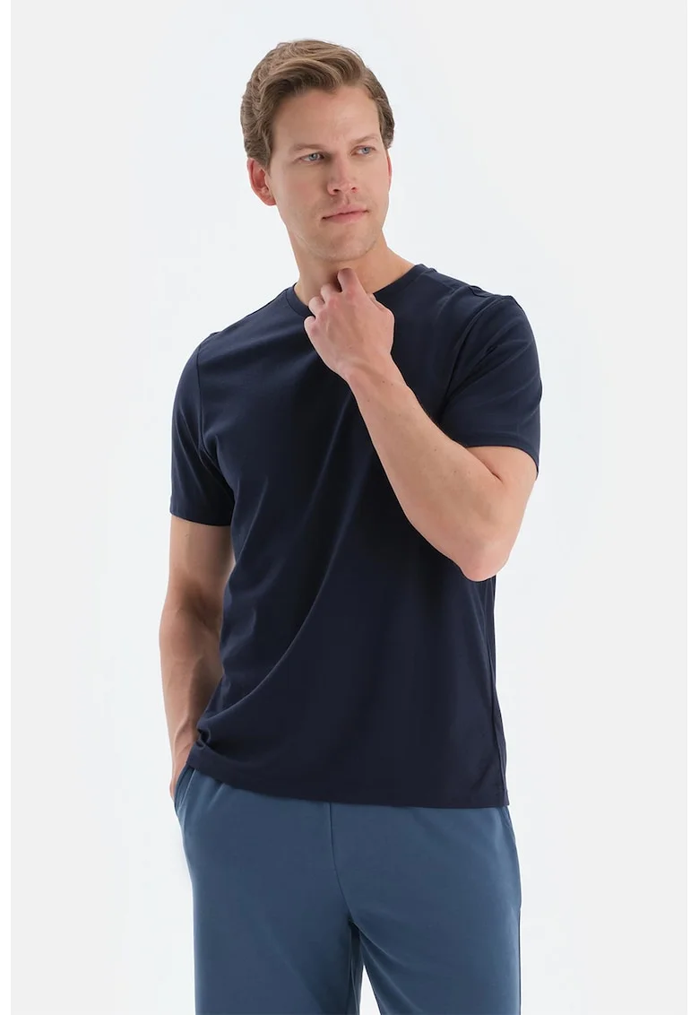 Tricou de bumbac cu decolteu la baza gatului, Bleumarin
