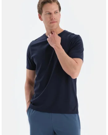 Tricou de bumbac cu decolteu la baza gatului, Bleumarin