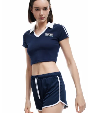 Tricou crop polo, Alb/Bleumarin