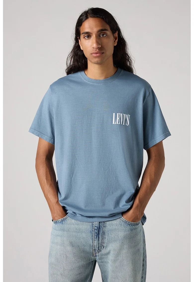 Tricou lejer de bumbac, Alb/Albastru azur