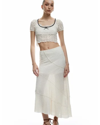 Tricou crop de dantela, Alb/Negru stins