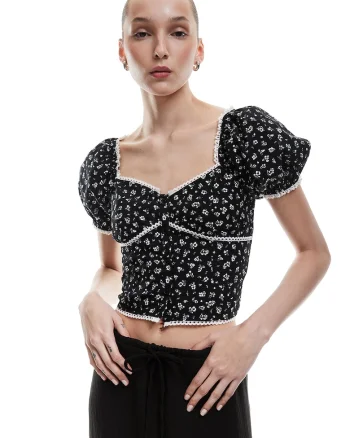 Bluza crop cu maneci bufante, Alb/Negru