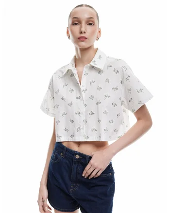 Camasa crop cu model floral, Verde/Alb optic
