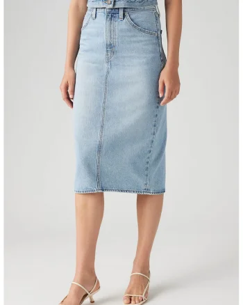 Fusta din denim cu croiala dreapta, Albastru deschis melange