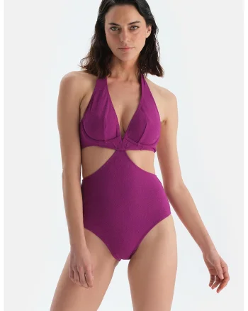 Costum de baie intreg cu decupaje si decolteu in V, Violet