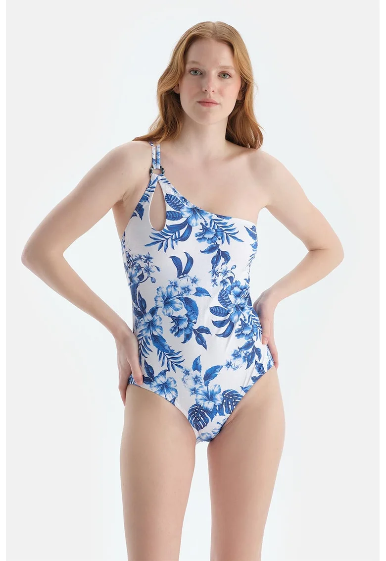 Costum de baie intreg cu model floral, Alb/Albastru