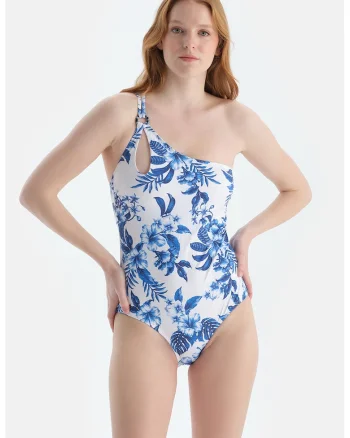 Costum de baie intreg cu model floral, Alb/Albastru