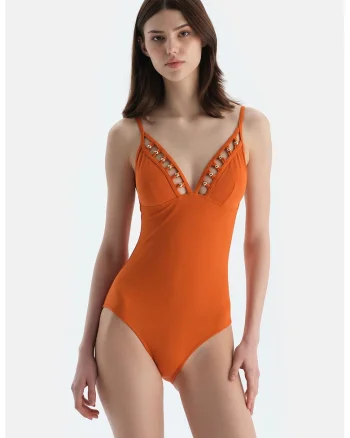 Costum de baie intreg cu aplicatii din margele, Auriu/Portocaliu mandarina