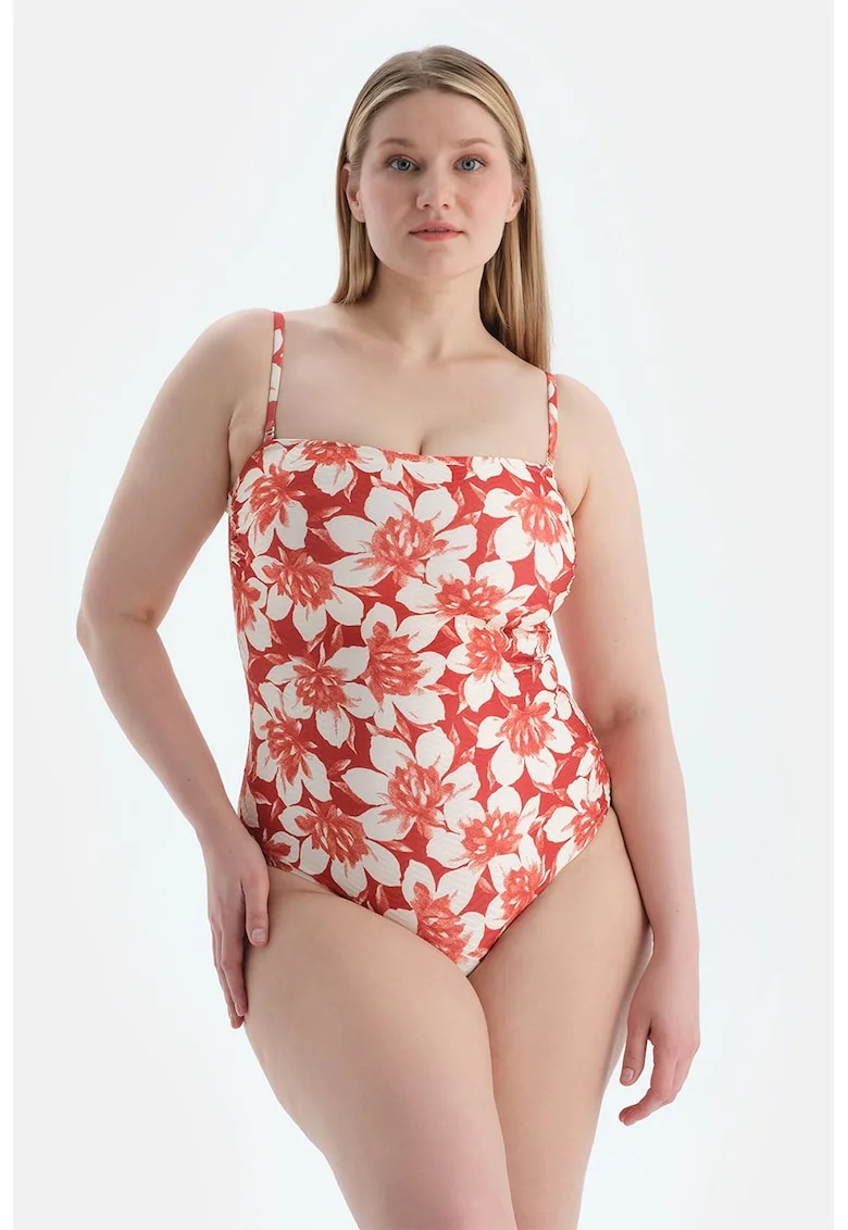 Costum de baie intreg cu model floral, Rosu/Alb