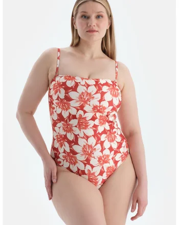 Costum de baie intreg cu model floral, Rosu/Alb