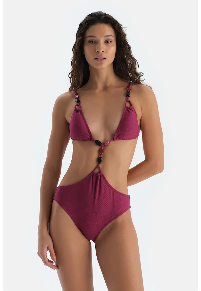 Costum de baie intreg cu aplicatii cu pietre, Violet tyrian