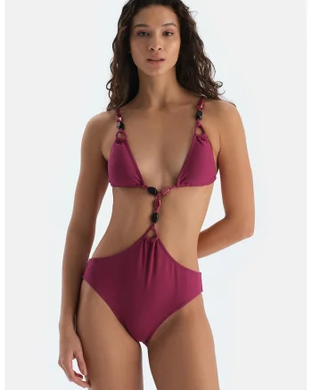Costum de baie intreg cu aplicatii cu pietre, Violet tyrian