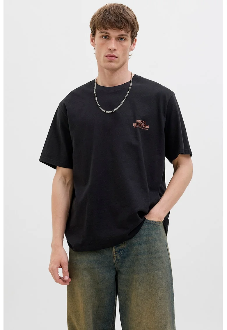 Tricou lejer de bumbac cu imprimeu foto pe partea din spate, Negru