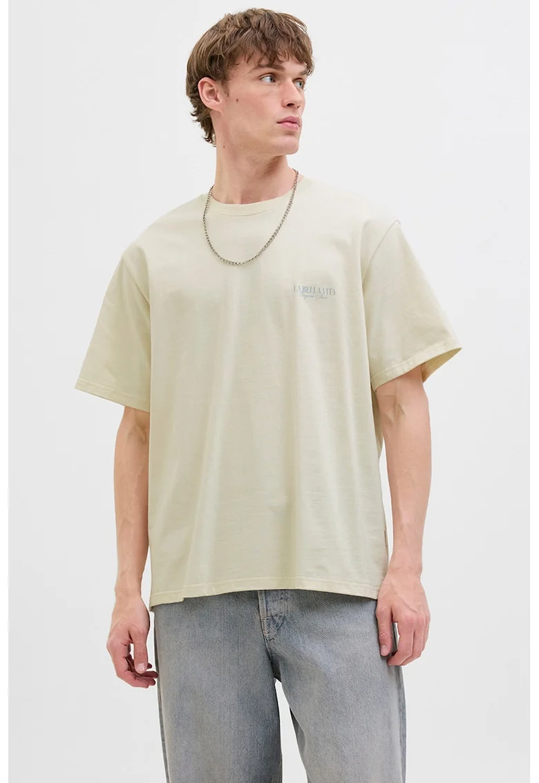 Tricou lejer de bumbac cu imprimeu foto pe partea din spate, Verde pal