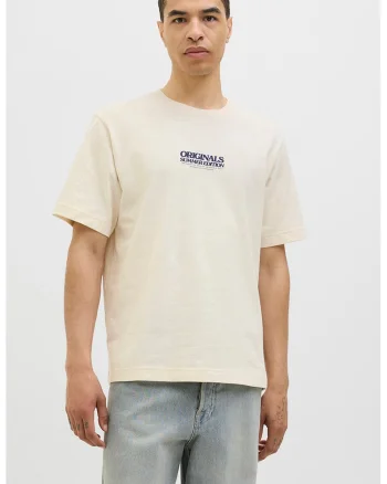 Tricou din amestec de bumbac organic cu imprimeu grafic pe partea din spate, Alb fildes/Bleumarin