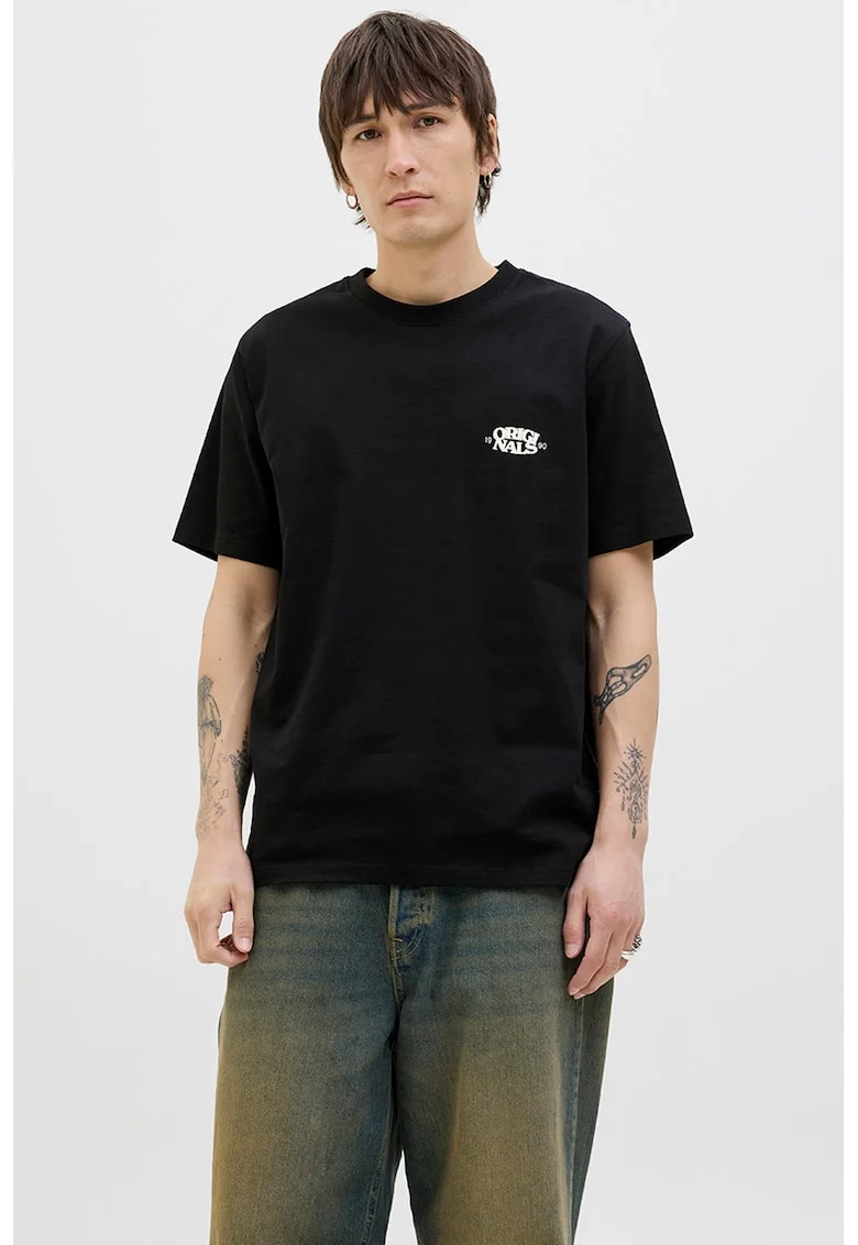 Tricou din amestec de bumbac organic cu decolteu la baza gatului, Negru/Crem