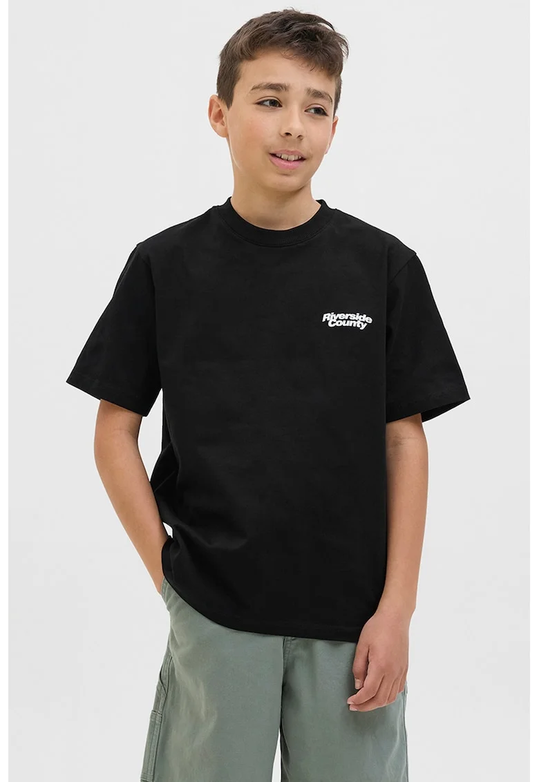 Tricou cu decolteu la baza gatului si imprimeu text, Negru