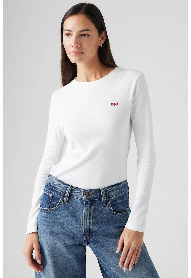 Bluza de bumbac cu decolteu la baza gatului, Alb optic