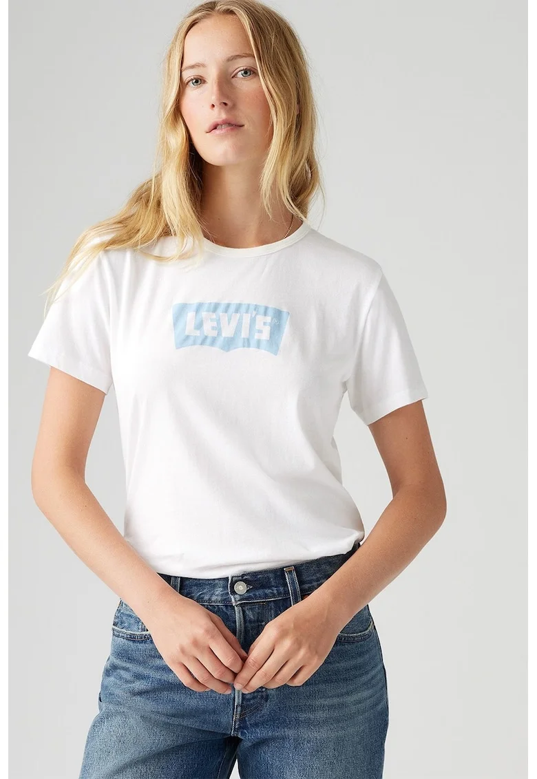 Tricou cu decolteu rotund si imprimeu logo, Albastru pastel/Alb optic