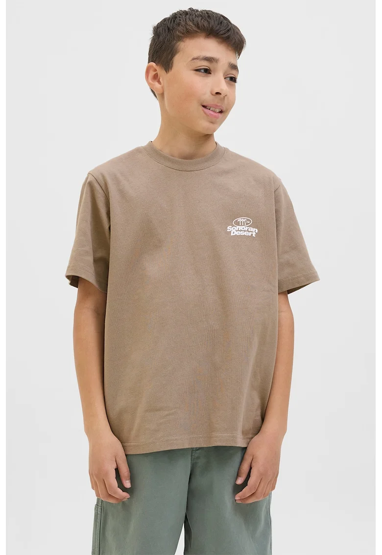 Tricou cu decolteu la baza gatului si imprimeu text, Maro nisip
