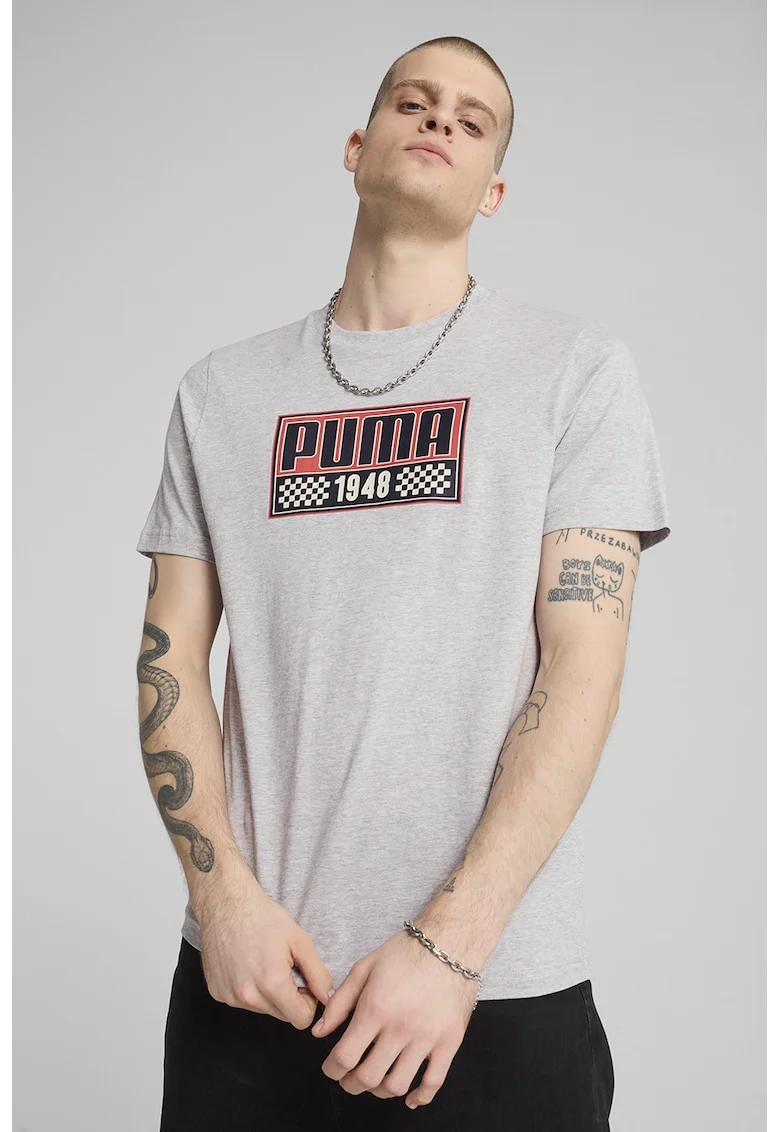 Tricou cu imprimeu si decolteu la baza gatului, Coral/Gri deschis melange
