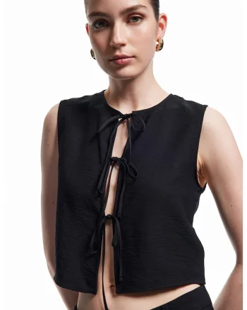 Bluza crop cu prindere cu snururi, Negru