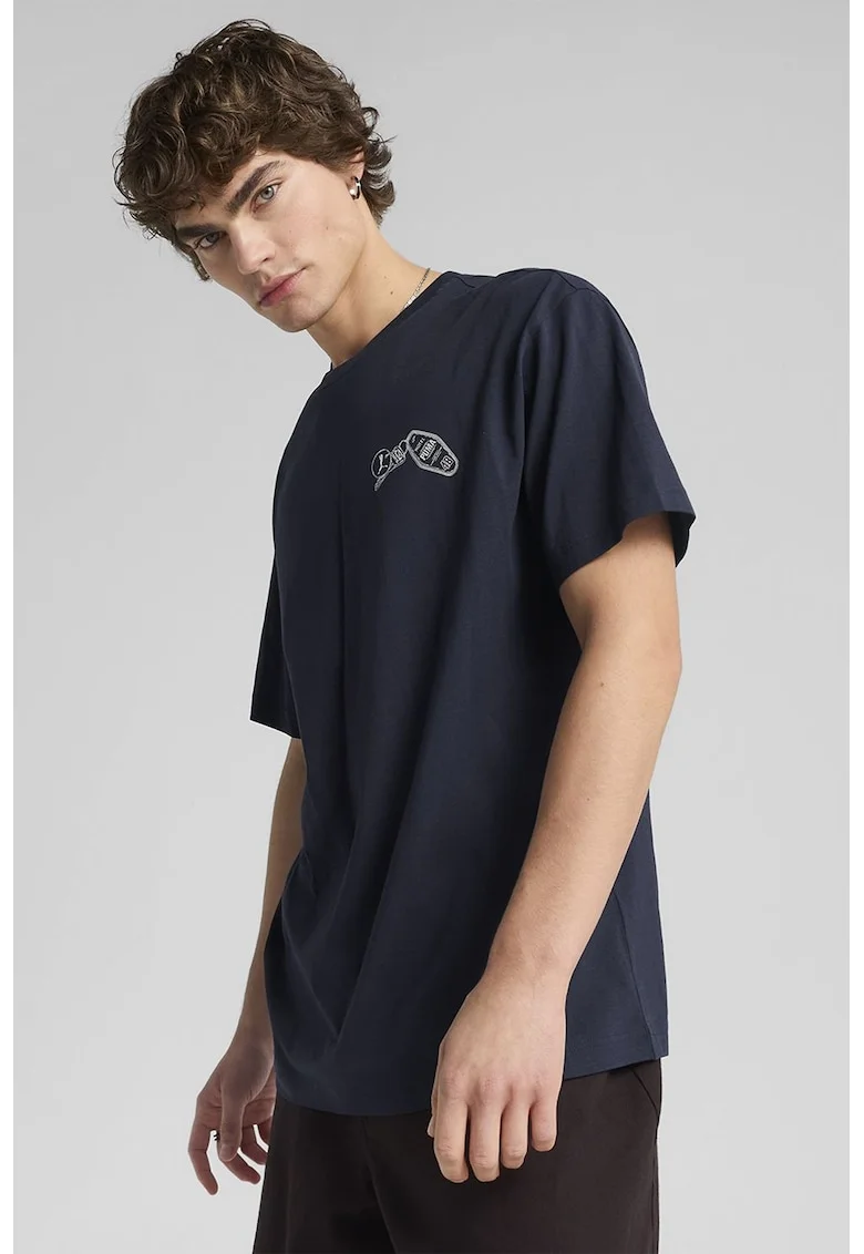 Tricou de bumbac cu imprimeu grafic pe partea din spate, Albastru ultramarin/Bej