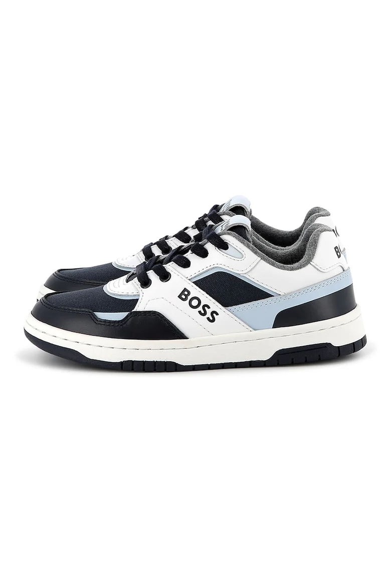 Pantofi sport din piele ecologica cu garnituri din piele, Alb/Albastru glaciar/Bleumarin