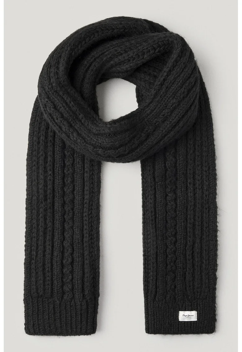 Fular din tricot cu terminatii striate, Negru