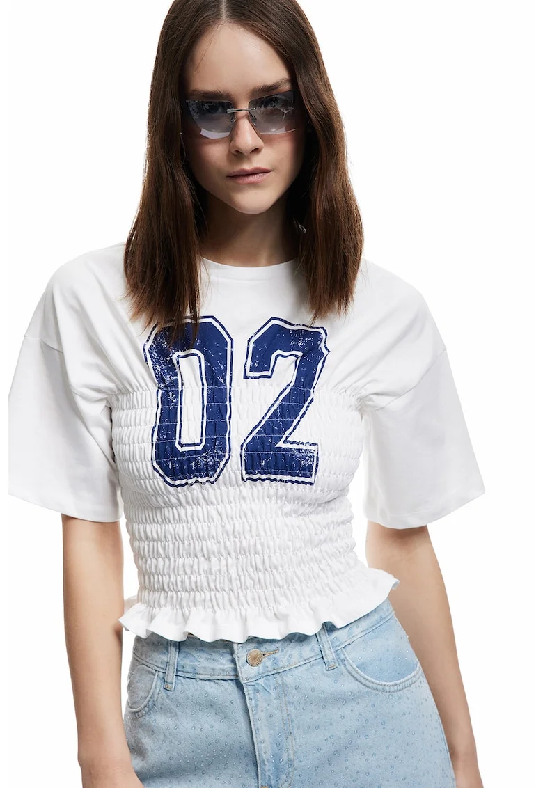 Tricou cu fronseuri si imprimeu text, Albastru royal/Alb optic