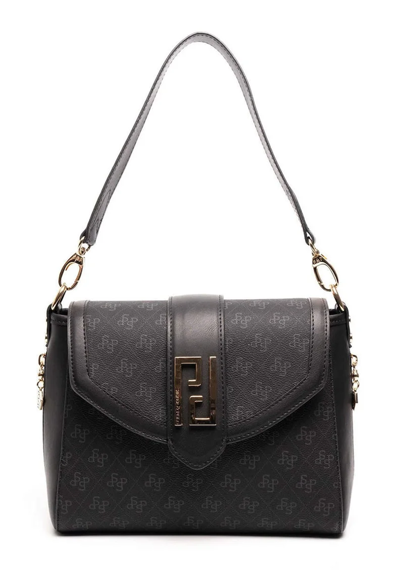 Geanta din piele ecologica cu bareta de umar si model, Negru, Negru, 21x26x12