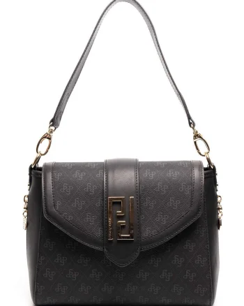 Geanta din piele ecologica cu bareta de umar si model, Negru, Negru, 21x26x12
