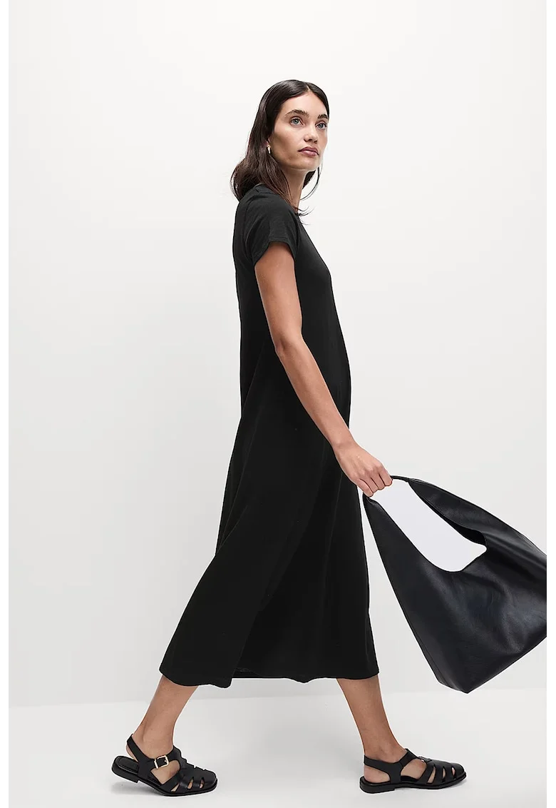 Rochie-tricou midi cu decolteu la baza gatului, Negru