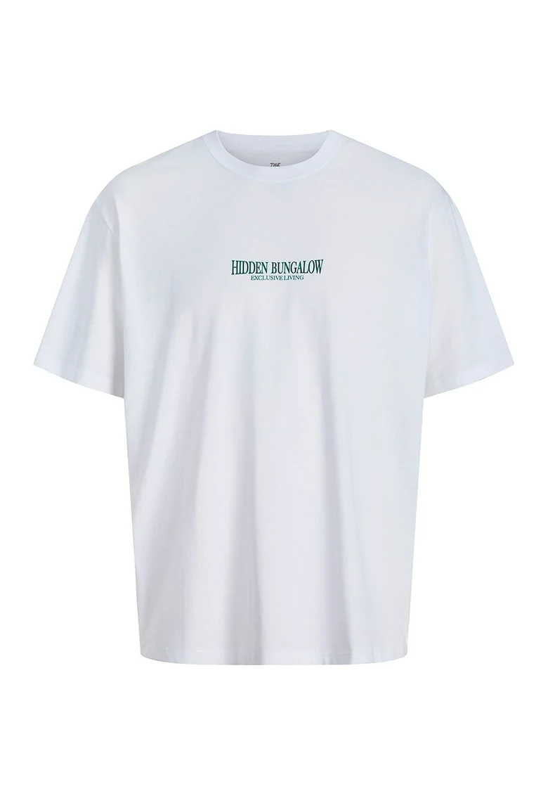 Tricou cu decolteu la baza gatului si imprimeu, Verde/Alb optic