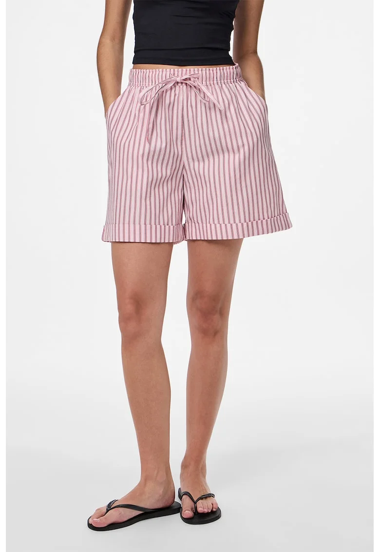 Pantaloni scurti din bumbac cu model in dungi, Roz