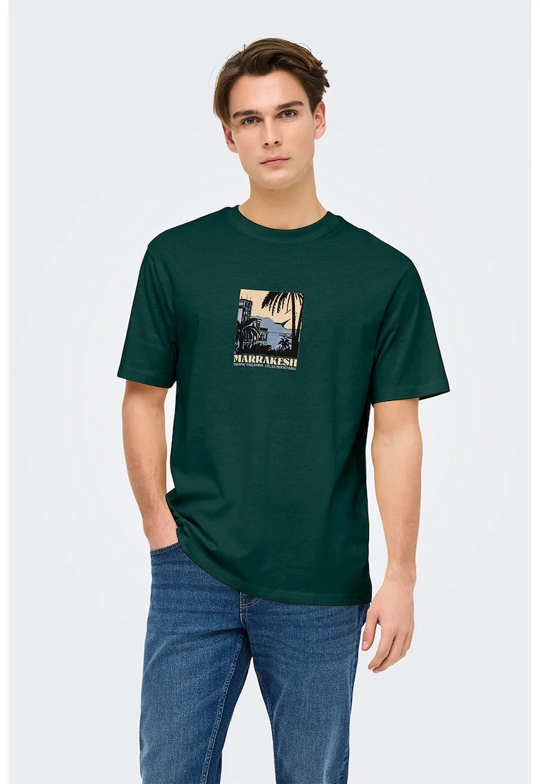Tricou din bumbac cu imprimeu grafic discret, Verde padure
